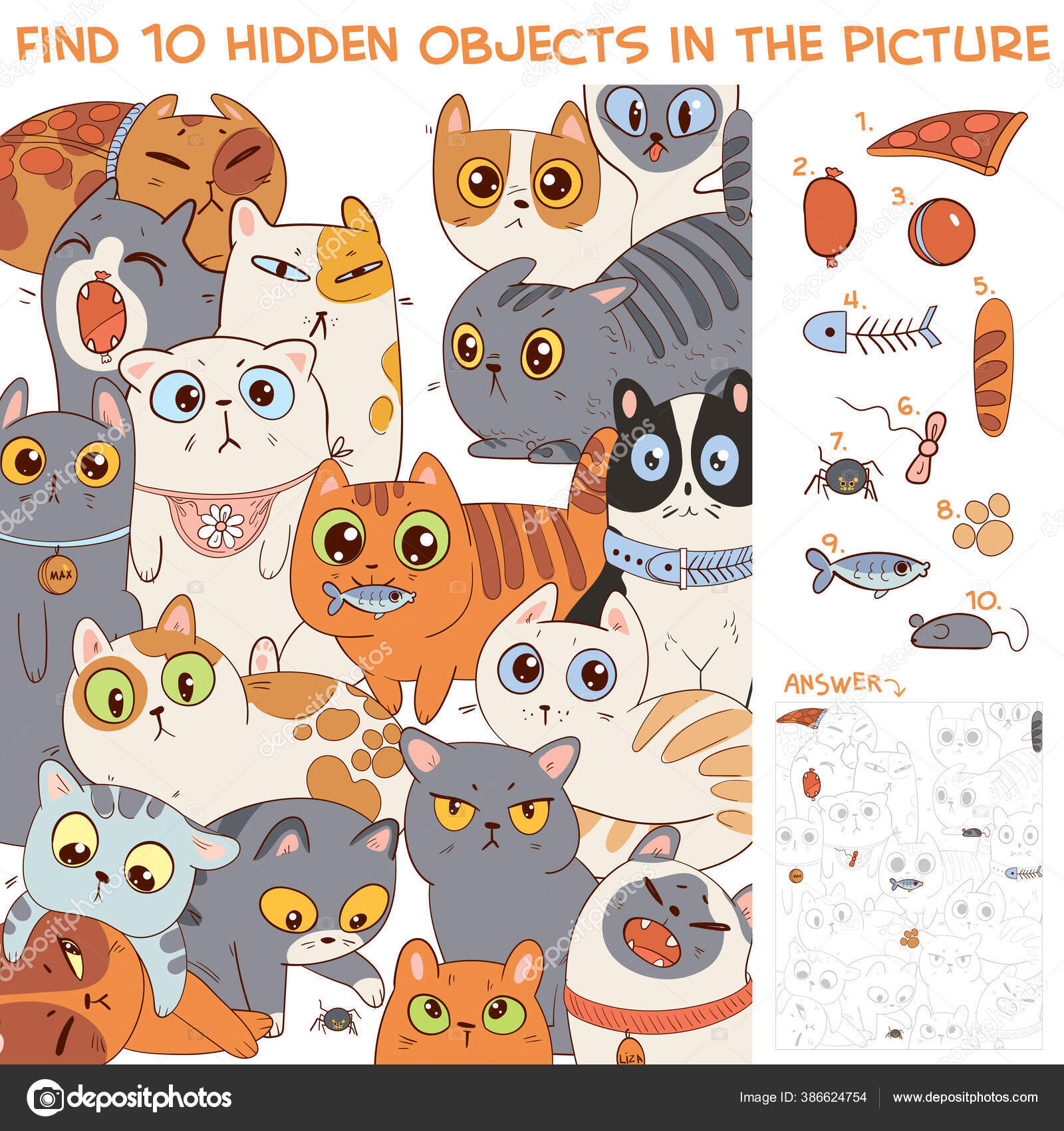 Find Hidden Objects Picture Group Different Cats Puzzle Hidden Items