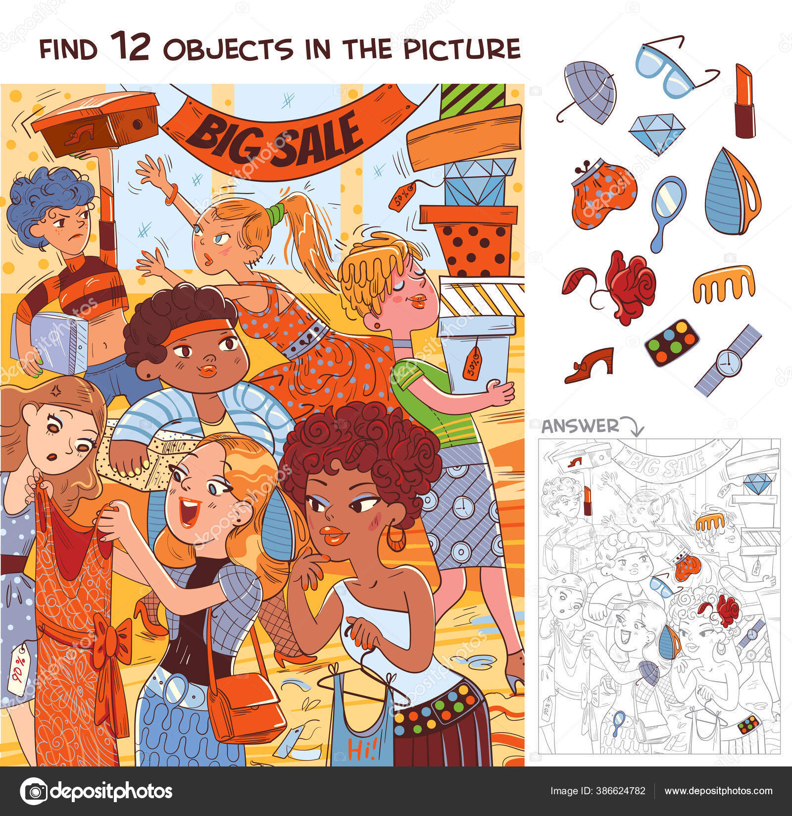 Find Objects Picture Puzzle Hidden Items Women Big Sale Funny Stock Vector  Image by ©kharlamova_lv #386624782