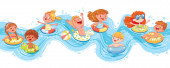 Kinder schwimmen und springen auf den Wellen. Kinder vergnügen sich auf Wasserrutschbahnen im Aquapark. Lustiges Kind auf aufblasbarem Gummiring. Sommerzeit. Attraktionskonzept. Nahtlose Panorama-Meereswelle