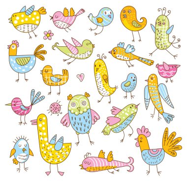 Beyaz arka planda izole edilmiş şirin çizgi film kuşları. Kusursuz desen. Çocuk süsü. Komik çizgi film karakteri. Vektör illüstrasyonu
