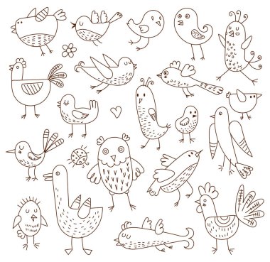 Komik kuşlar. Kusursuz monokrom doğrusal desen. Çocuk süsü. Komik çizgi film karakteri. Vektör çizimi. Beyaz arkaplanda izole 