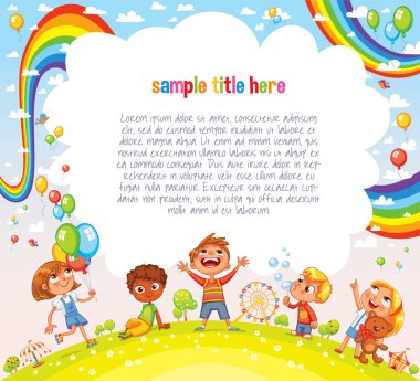 Erkekler ve kızlar lunaparkta oynuyorlar. Oyun parkı. Reklam broşürü şablonu. Mesajınız için hazırız. Çocuklar ilgiyle bakar. Komik çizgi film karakteri. Vektör illüstrasyonu