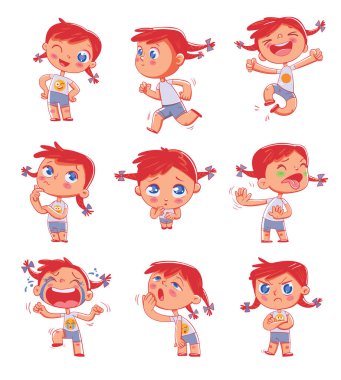 Farklı duyguları olan kızıl saçlı, şirin bir kız. Emoji Çıkartma Duyguları. Komik renkli çizgi film karakteri. Çevrimiçi iletişim, ağ oluşturma, sosyal medya sohbeti, mobil ileti için çıkartmaları ayarla