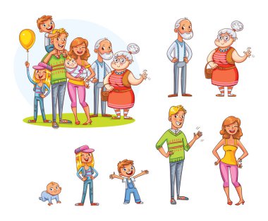 Büyük ailem birlikte. Aile portresi (baba, anne, kız, oğul, büyükanne ve büyükbaba). Çizgi film karakterleri bir arada ve ayrı ayrı dururlar. Vektör çizimi. Beyaz arkaplanda izole