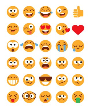 Emoji sürüsü. Bir dizi komik klasik emoji. Düz stil. Beyaz arka planda izole edilmiş. Vektör illüstrasyonu