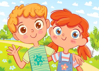 Kız ve erkek gülümsüyor, kameraya el sallıyor ve doğanın arka planına sarılıyorlar. Komik çizgi film karakteri. Vektör illüstrasyonu