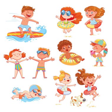 Çocuklarla bir dizi yaz sahnesi. Denizde tatil. Çocuk şişme lastik çemberle yüzüyor, plajda güneşleniyor, sörf yapıyor, yüzme yarışı yapıyor, dondurma yiyor. Komik çizgi film karakteri