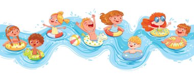 Çocuklar yüzüyor ve dalgalarda zıplıyor. Çocuklar Aquapark 'ta su kaydırağında eğleniyorlar. Şişme lastik çemberdeki komik çocuk. Yaz zamanı. Çekim konsepti. Kusursuz panorama deniz dalgası