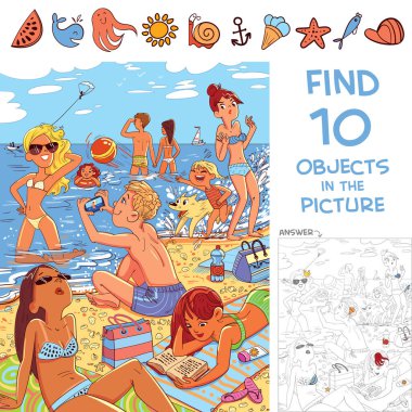 Find 10 objects in the picture. Puzzle Hidden Items. Young people relax on the beach. Funny cartoon character clipart