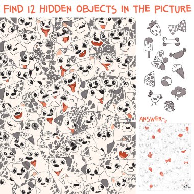 Pattern of Dalmatian puppies. Find 12 hidden objects in the picture. Puzzle Hidden Items. Funny cartoon character. Vector illustration clipart