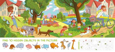 Rest in city park. Panorama. Find 10 hidden objects in the picture. Puzzle Hidden Items. Funny cartoon character. Vector illustration clipart