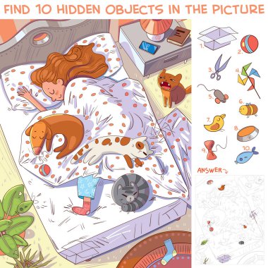 Find 10 hidden objects in the picture. Morning. Girl sleeping with their pets in bed. Puzzle Hidden Items. Funny cartoon character clipart