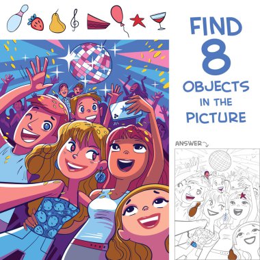 Find 8 objects in the picture. Puzzle Hidden Items. Young people take a selfie at a disco party. Funny cartoon character clipart