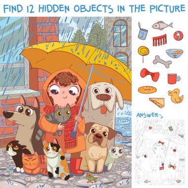 Find 12 hidden objects in the picture. Under umbrella. Little girl protects homeless pets from rain. Puzzle Hidden Items. Funny cartoon character clipart