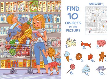 Find 10 objects in the picture. Puzzle Hidden Items. Mother and two young children are shopping in a supermarket. Funny cartoon character clipart