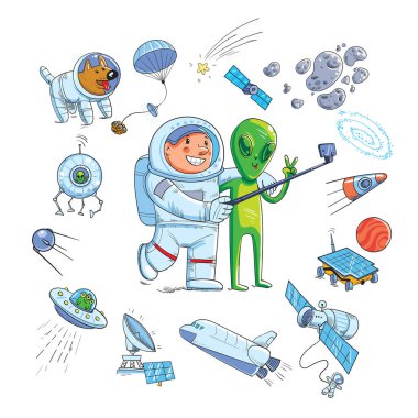 Uzay nesneleri. Astronot, roket, gezegenler, asteroid, UFO, uydu, gezgin vs. Komik çizgi film karakteri. Vektör çizimi. Beyaz arkaplanda izole