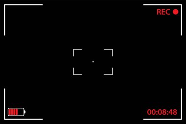 Kamera görüntüleyici siyah arkaplan. UI elemanları: kayıt etiketi, pil simgesi, zaman göstergesi, çapraz görüş, tarama çizgileri. Vektör illüstrasyon şablonu Kayıt Videosu