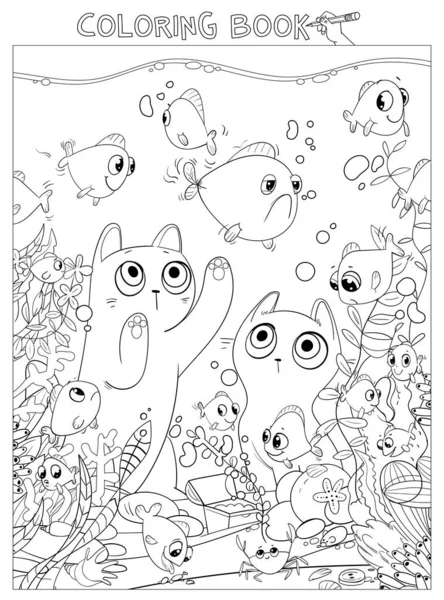 Dois Gatos Olham Para Peixes Aquário Livro Colorir Personagem Desenho — Vetor de Stock