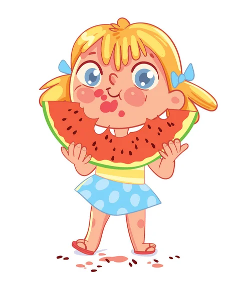 Mädchen Isst Eine Große Scheibe Wassermelone Und Spuckt Kerne Aus — Stockvektor
