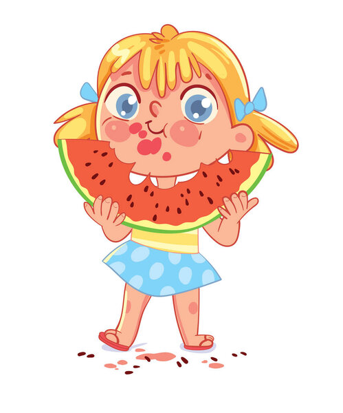 Girl is eating a big slice of watermelon and spits seeds. Child has smeared his face and clothes. Funny cartoon character. Vector illustration. Isolated on white background