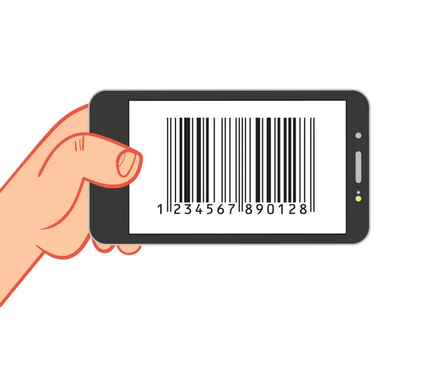 Scannen Von Barcode Auf Mobiltelefon Smartphone Der Hand Zeichentrickfigur Vektorillustration — Stockvektor