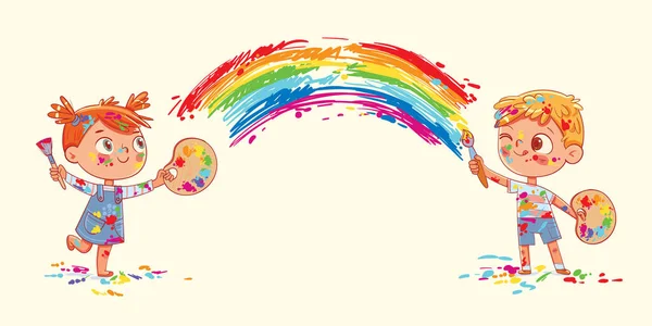 男の子と女の子が虹を一緒に描く 面白い子供たちは絵を描いている間に絵をいじっていた パノラマ 漫画のキャラクター ベクトルイラスト 隔離された背景 — ストックベクタ