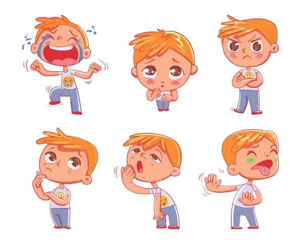 Schattig Jongetje Met Verschillende Emoties Emoji Stickers Emoties Grappige Cartoon — Stockvector