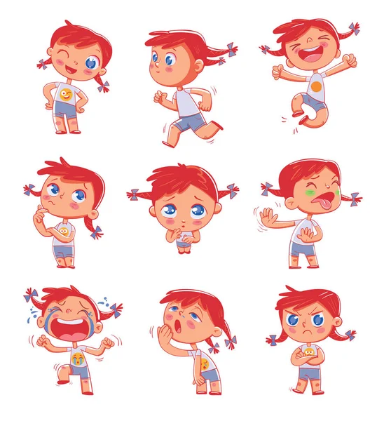 Jolie Fille Rousse Queue Cochon Avec Différentes Émotions Stickers Emoji — Image vectorielle