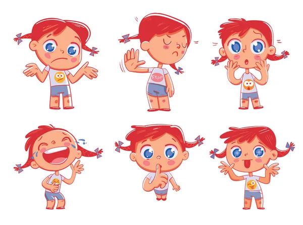 Mignonne Rousse Queue Cochon Fille Avec Différentes Émotions Stickers Emoji — Image vectorielle