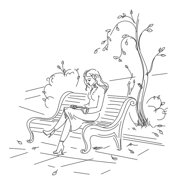 Girl Reading Book Sitting Bench Autumn Park Line Style Drawing — Stock Vector