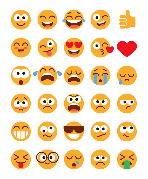 Emoji pack. Set of funny classic emojis. Flat style. Isolated on white background. Vector illustration