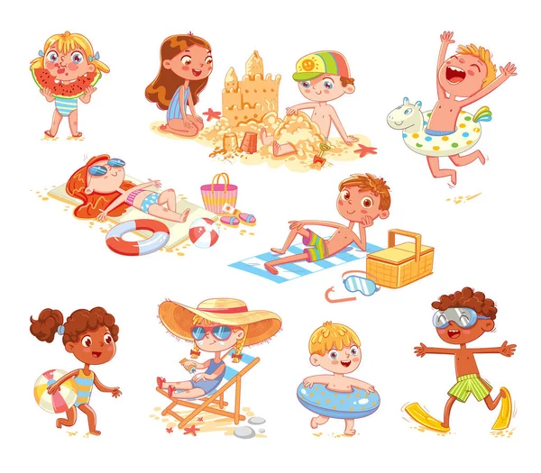 一套夏季场景与儿童 海上度假 孩子们用充气戒指游泳 游泳面罩和拖鞋 在沙滩上晒日光浴 建造沙堡 吃西瓜 有趣的卡通人物 — 图库矢量图片