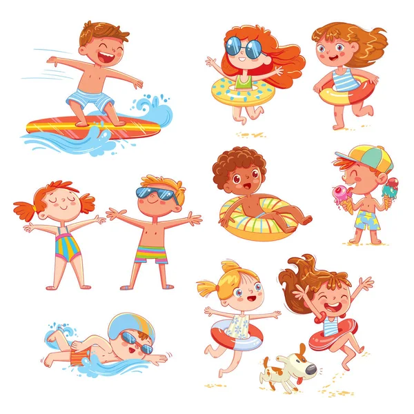 Conjunto Escenas Verano Con Niños Vacaciones Mar Niño Nadar Con — Vector de stock