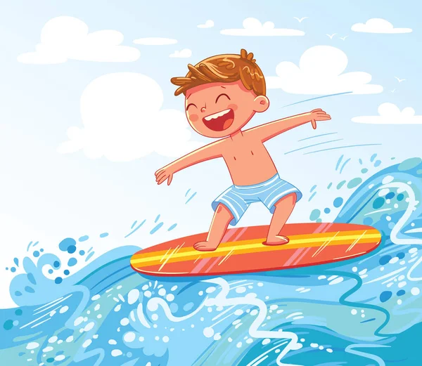 若い男の子が海でサーフィン 波の上のサーフボード上の子供 ボディボードで泳ぐ子供 子供のためのアクティブなウォータースポーツ 面白い漫画のキャラクター ベクターイラスト — ストックベクタ
