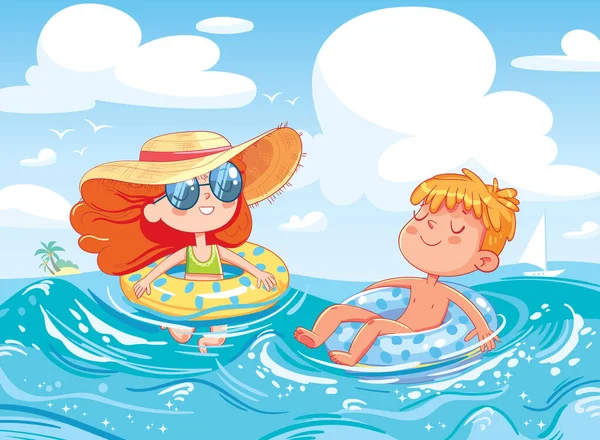 孩子们喜欢在海里休息 孩子们在海洋里用充气橡胶圈游泳 在波浪上荡秋千有趣的卡通人物 矢量说明 — 图库矢量图片