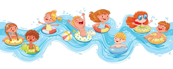 Niños Nadando Saltando Sobre Las Olas Los Niños Divierten Los — Vector de stock