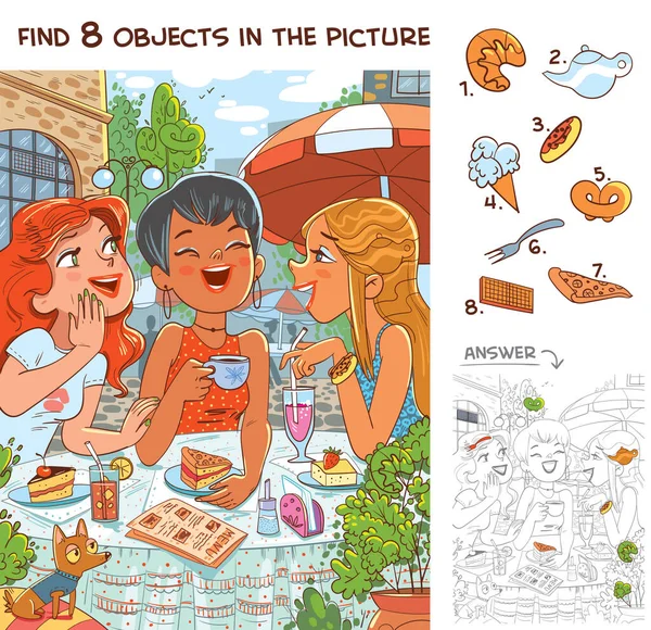 在图片中找到8个物体 字谜隐藏项目 可爱的女朋友在咖啡店里聊天 有趣的卡通人物 — 图库矢量图片
