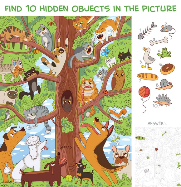 Cats Sitting Tree Find Hidden Objects Picture Puzzle Hidden Items — Stock Vector