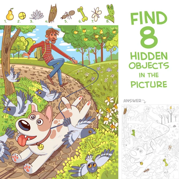 犬は持ち主と一緒に綱を引く 公園を歩きなさい 写真の中に隠された8つのオブジェクトを見つけます パズル隠しアイテム 面白い漫画のキャラクター — ストックベクタ
