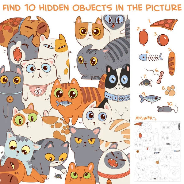 Find Hidden Objects Picture Group Different Cats Puzzle Hidden Items — Stock Vector