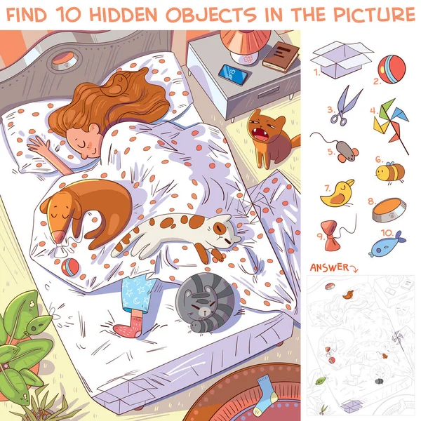 Find Hidden Objects Picture Morning Girl Sleeping Pets Bed Puzzle — Stock Vector