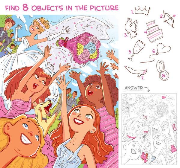 Найти 8 объектов на картинке. Скрытые Items. Подружки невесты ловят букет невесты на свадьбе. Бросай букет свадьбы. Смешной мультяшный персонаж
