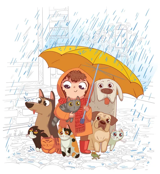 Girl Dogs Cats Stands Rain Umbrella Protects Pets Funny Cartoon — Stock Vector