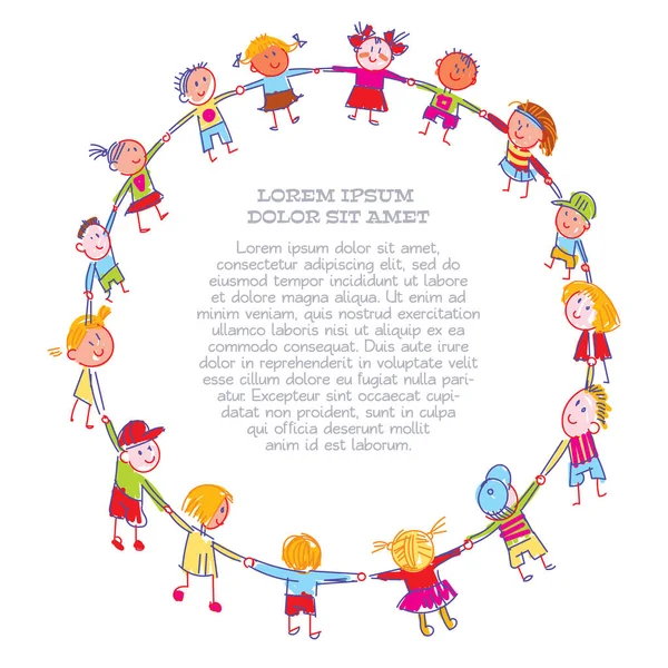 Disegno Bambini Una Danza Rotonda Realizzata Con Gessetti Colorati Giornata — Vettoriale Stock