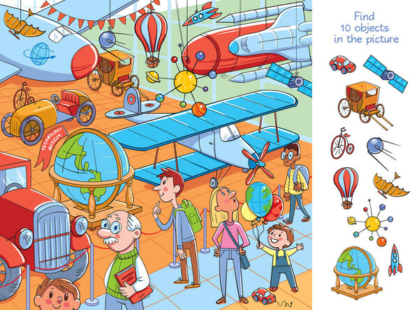 Музей истории транспорта, авиации и техники. Найти 10 объектов на картинке. Скрытые Items. Смешной мультяшный персонаж. Векторная иллюстрация
 