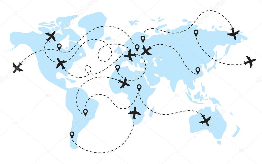 Plane moves along the path of movement. World map with flight routes airplanes. Infographic Vector Illustration.