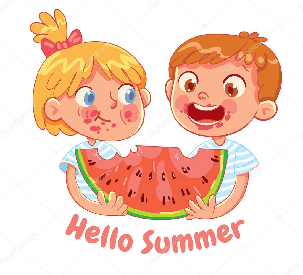 Hello Summer Postcard. Boy and girl eating a slice of watermelon for two. Kid has smeared his face and clothes. Funny cartoon character. Vector illustration. Isolated on white background