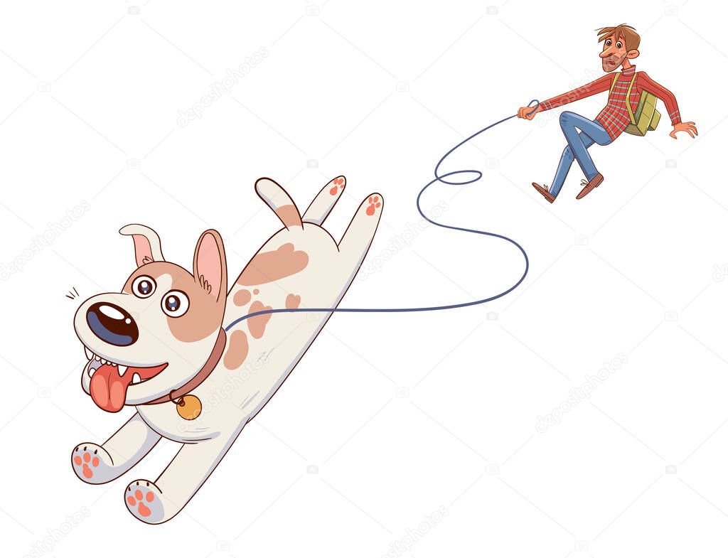 Dog pulls the leash with its owner. Funny cartoon character. Vector illustration. Isolated on white background