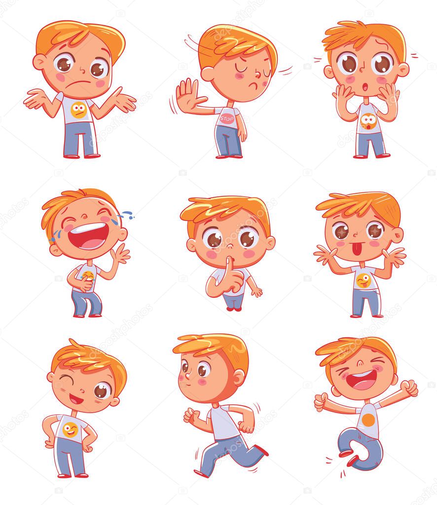 Cute little boy with different emotions. Emoji Stickers Emotions. Funny cartoon colorful character. Set for online communication, networking, social media chat, mobile message. Isolated on white