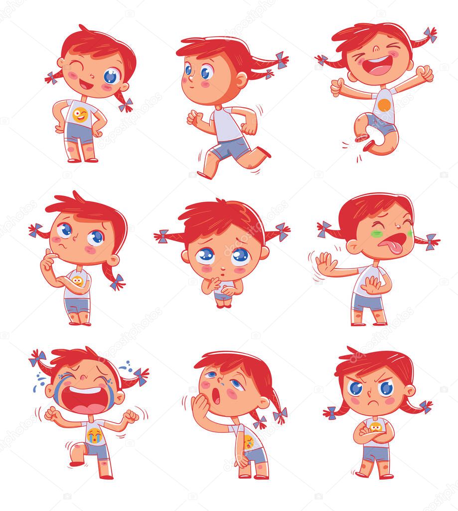 Cute red-headed pigtailed girl with different emotions. Emoji Stickers Emotions. Funny cartoon colorful character. Set Stickers for online communication, networking, social media chat, mobile message